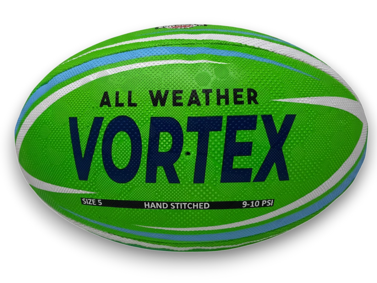 Ruggers Rugby Supply KooGa Flo-Green training rugby ball with textured grip and Vortex branding