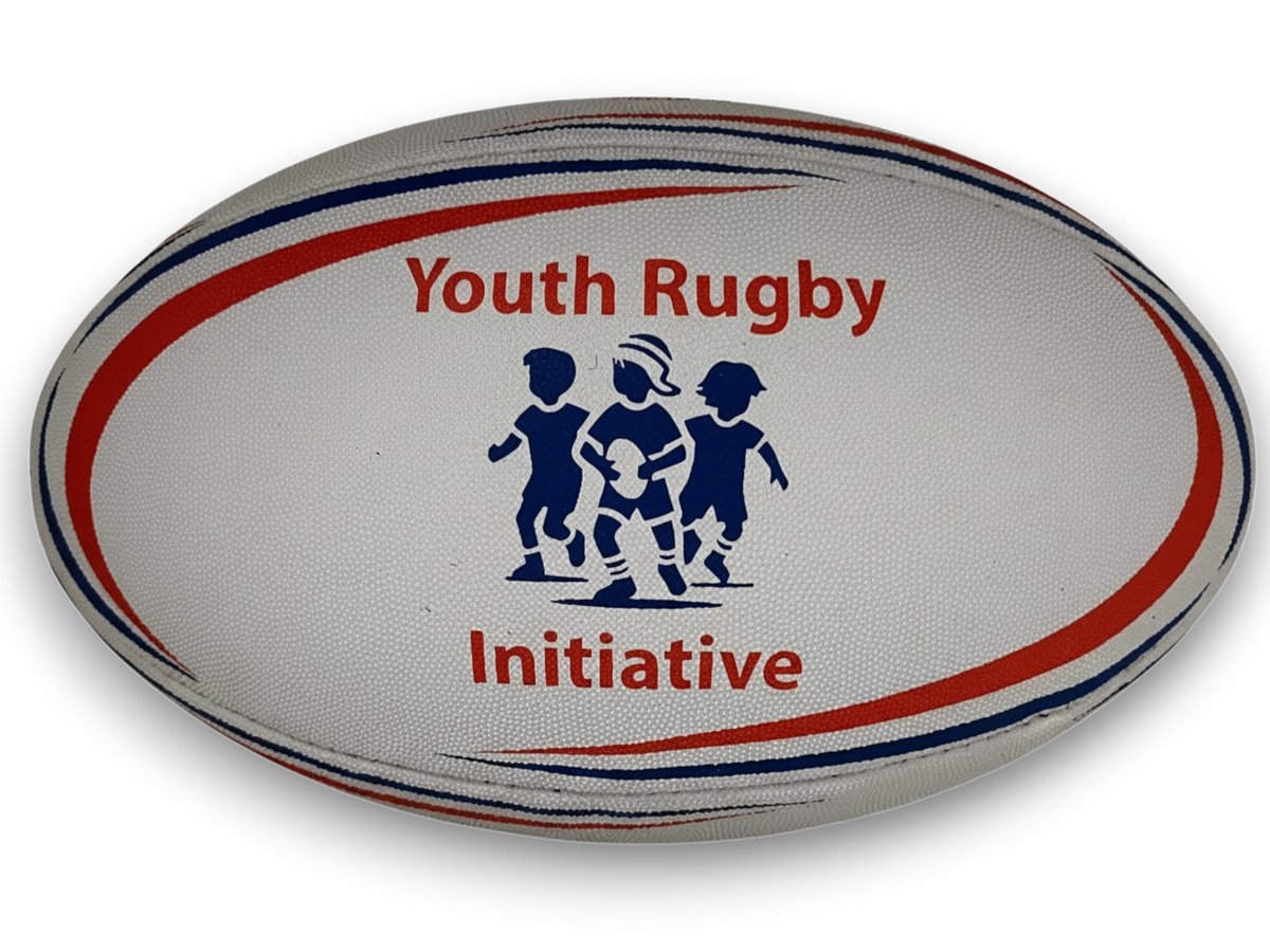 Ruggers Rugby Supply YRI youth rugby ball in white with red and blue stripes and Youth Rugby Initiative logo