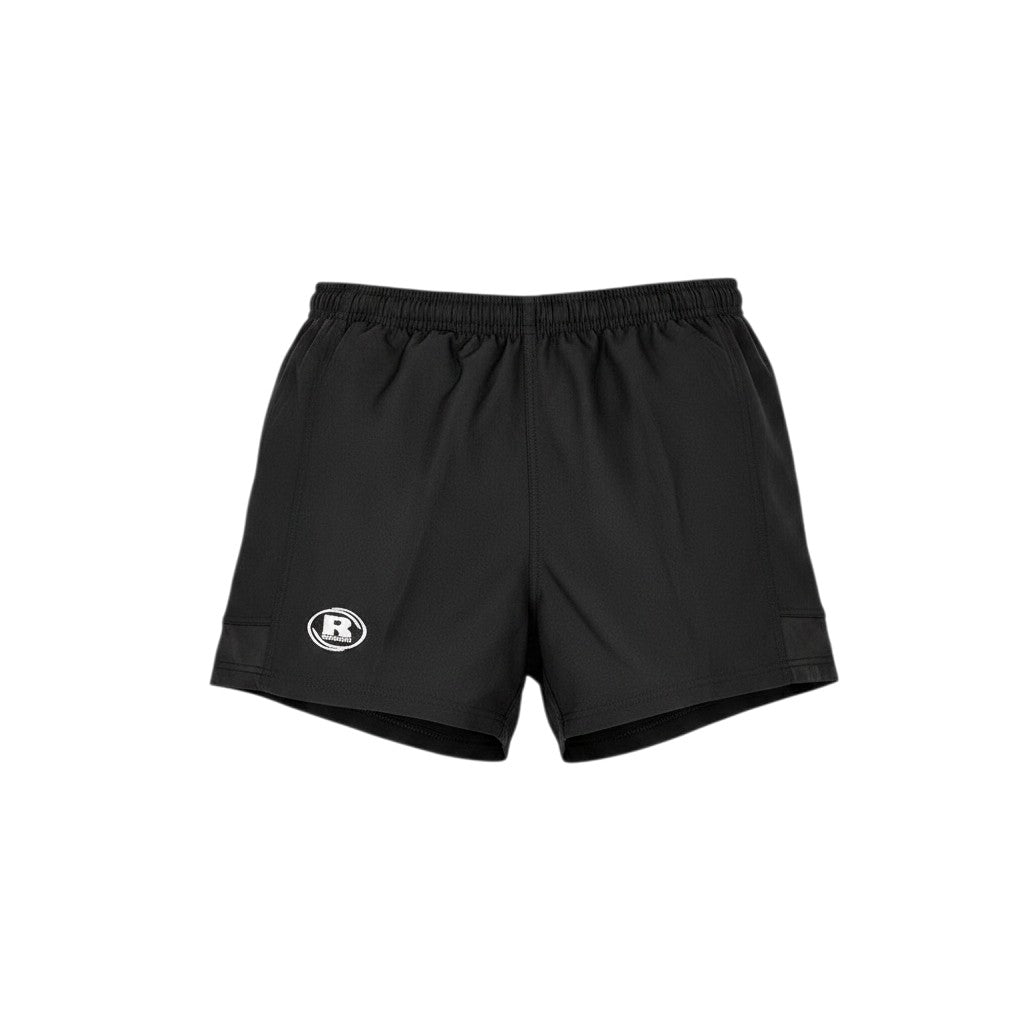 Ruggers Rugby Supply Auckland black rugby shorts with rubberized waistband, side stretch panels, and internal pocket.
