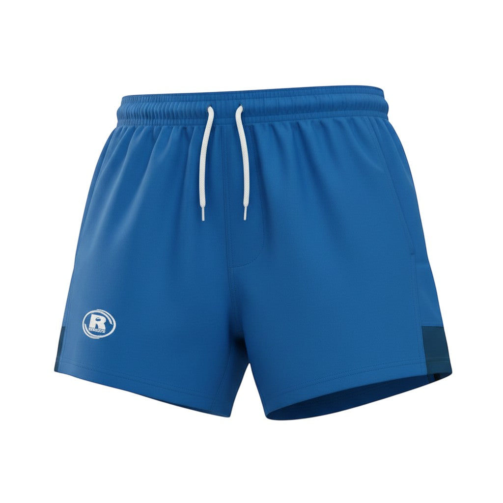 Ruggers Rugby Supply Auckland lightweight blue rugby shorts with a rubberized waistband and white drawstring.