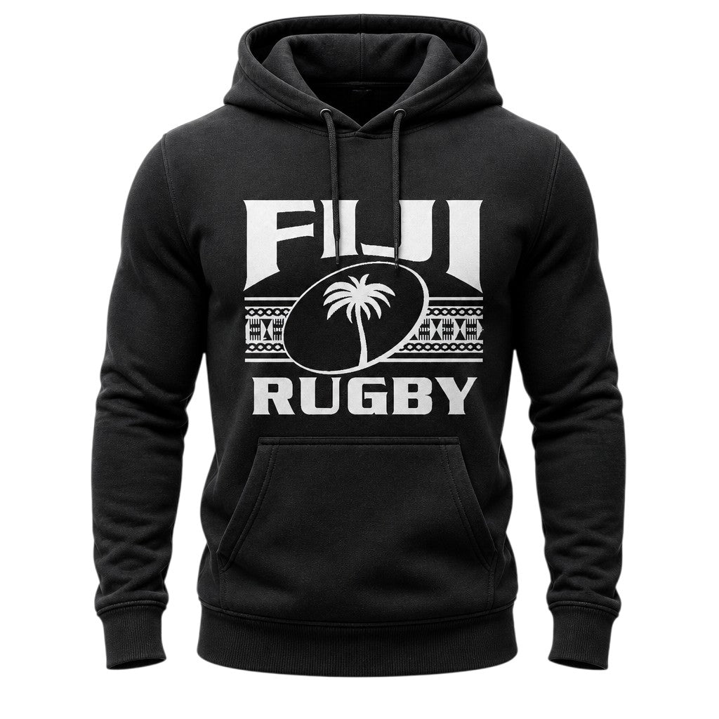 Ruggers Rugby Supply black unisex fleece hoody featuring a white Fiji Rugby logo and palm tree graphic