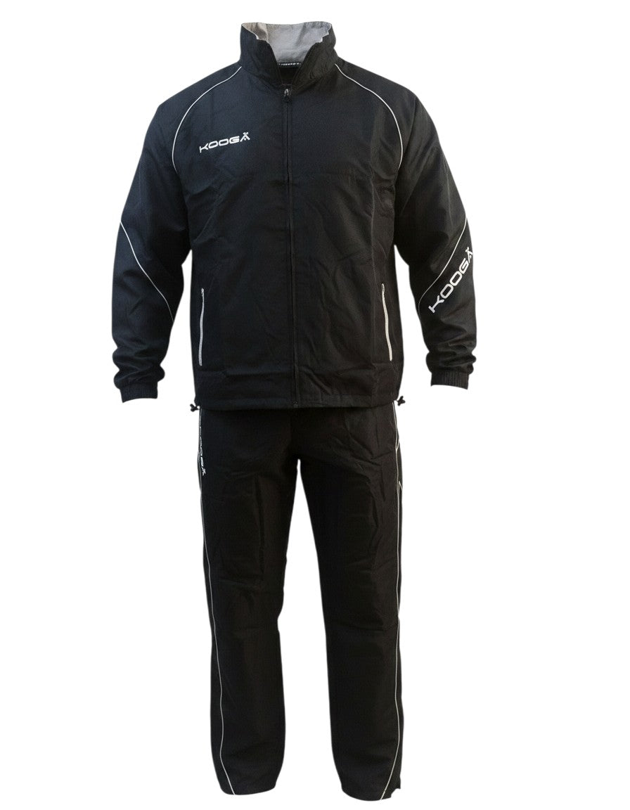 Ruggers Rugby Supply black KooGa performance tracksuit with zippered pockets and cuffs in a showerproof HEX fabric.