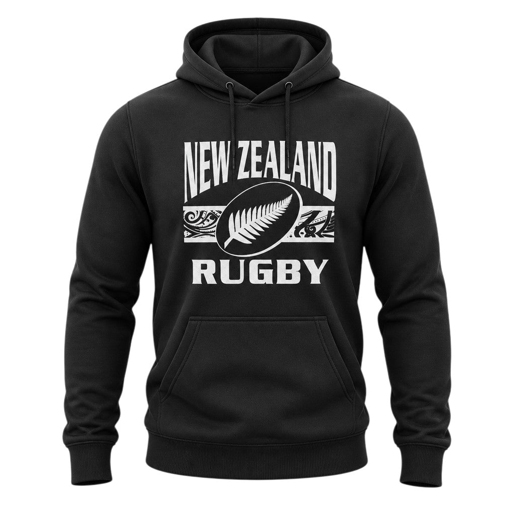 Ruggers Rugby Supply black unisex fleece hoody with white New Zealand Rugby logo and drawstring hood