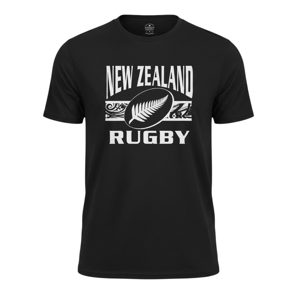Ruggers Rugby Supply black short sleeve unisex tee with white New Zealand Rugby logo and fern graphic