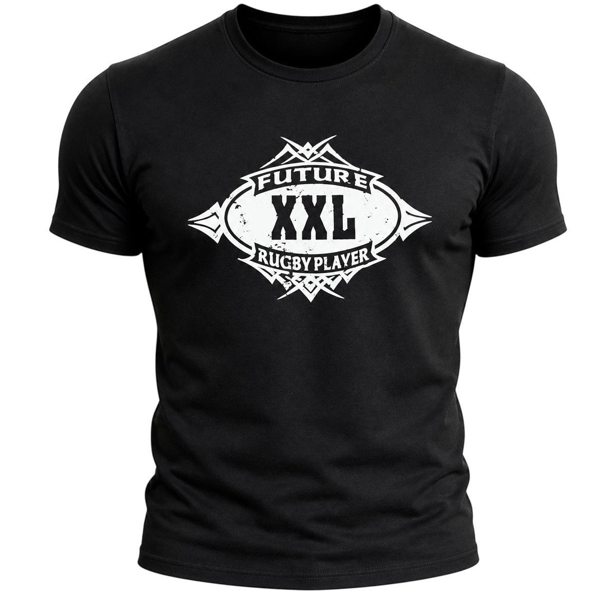 Ruggers Rugby Supply black heavyweight cotton youth tee with white Future XXL Rugby Player graphic print