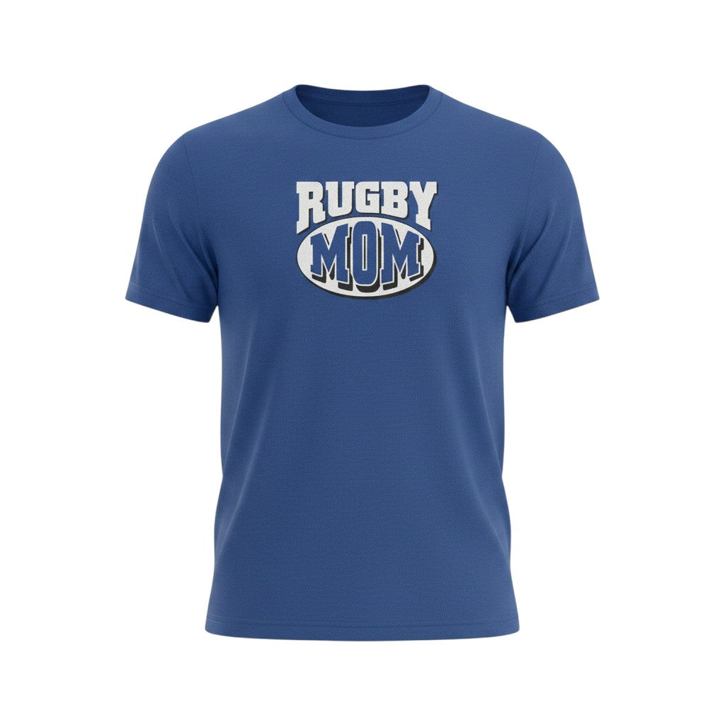 Ruggers Rugby Supply blue tri-blend t-shirt featuring a white and blue Rugby Mom logo on the chest.