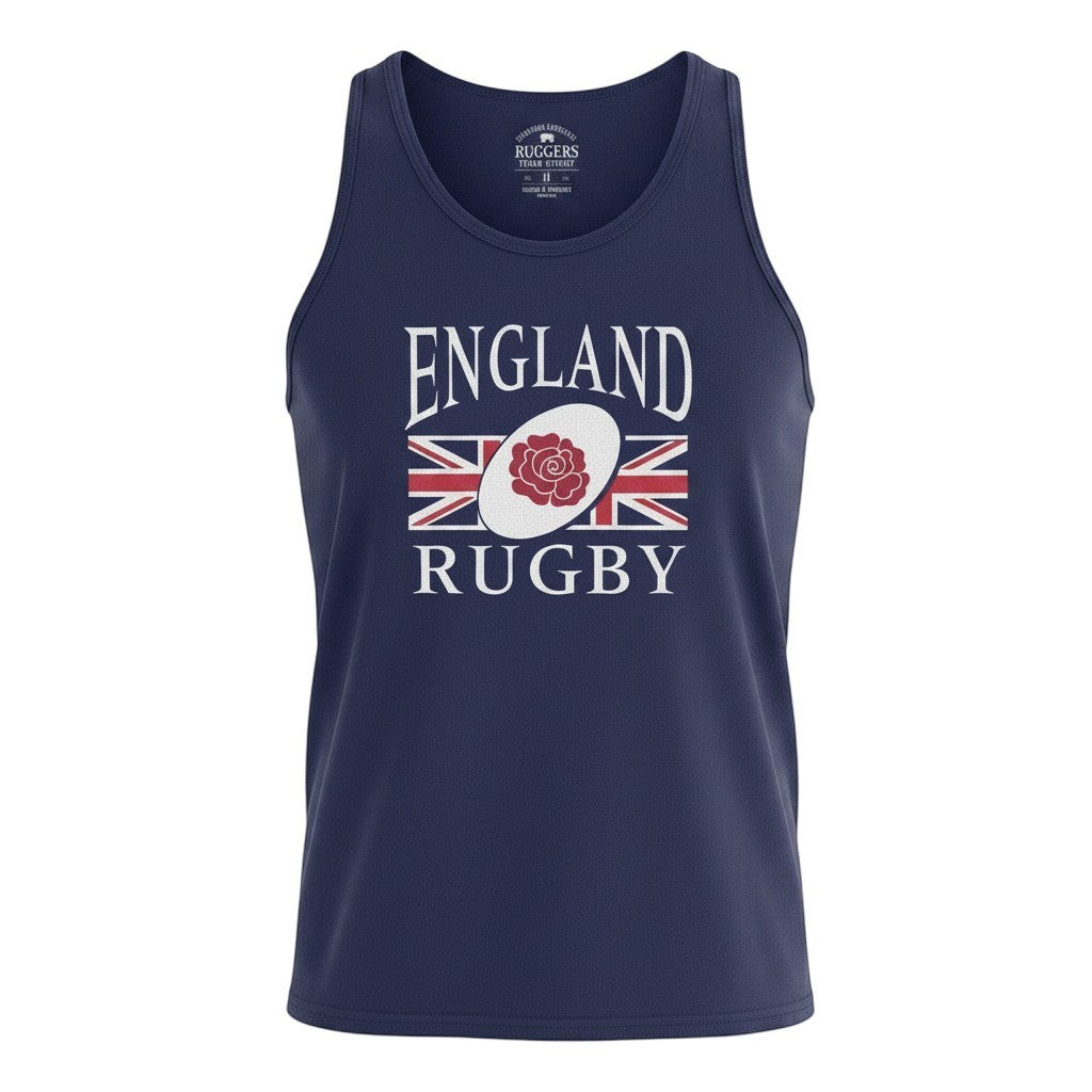 Ruggers Rugby Supply navy blue England Rugby tank top with white Union Jack and red rose graphic print