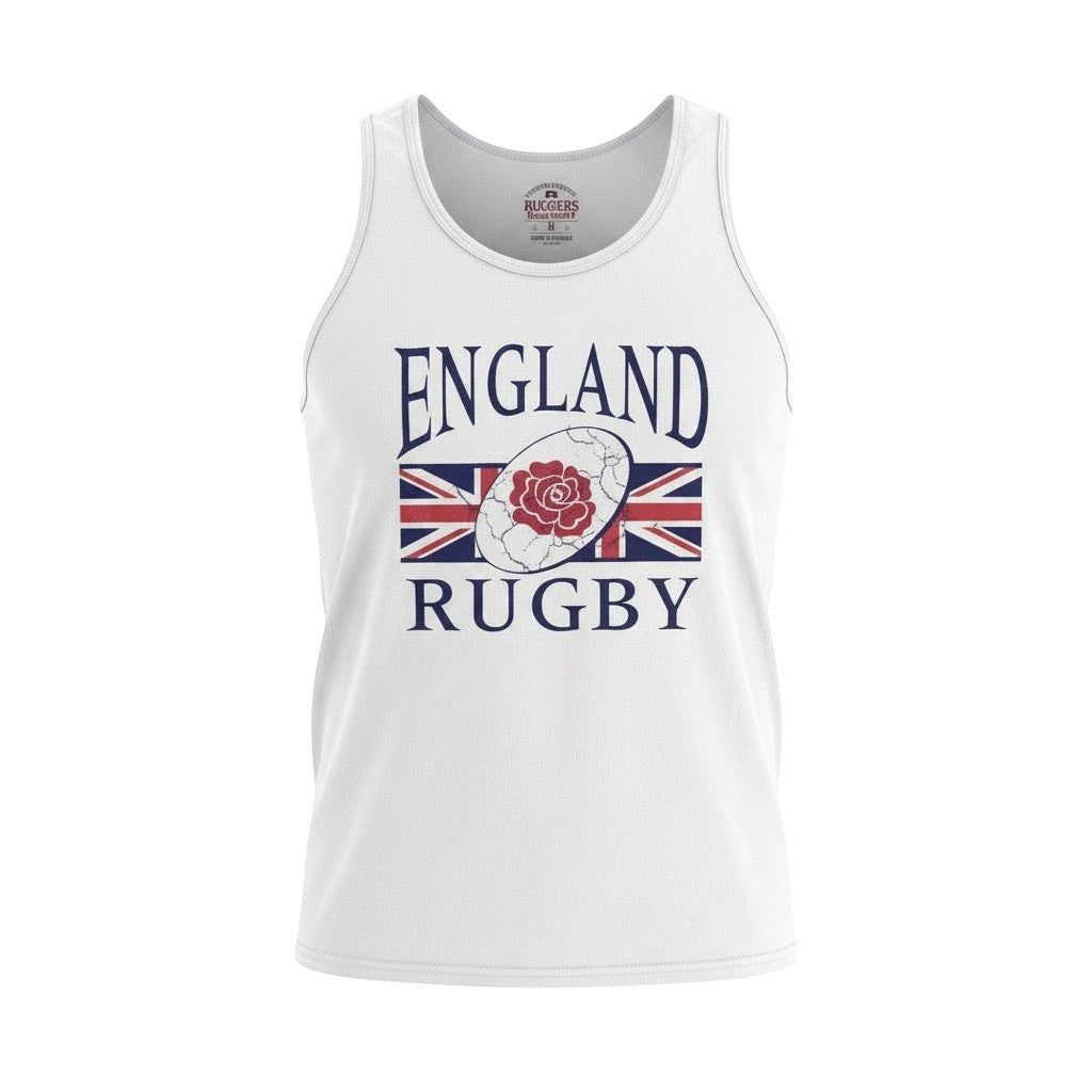 Ruggers Rugby Supply white unisex tank top featuring England Rugby text and a rose emblem over a Union Jack flag