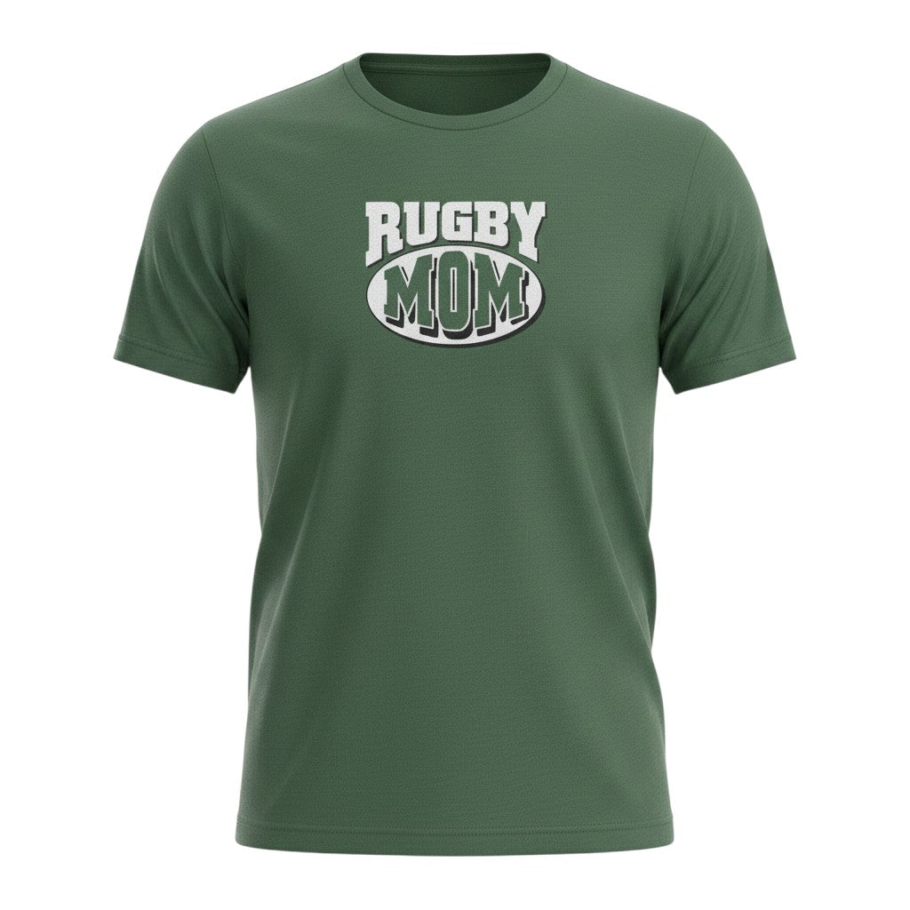 Ruggers Rugby Supply green tri-blend t-shirt with white Rugby Mom graphic logo on the chest