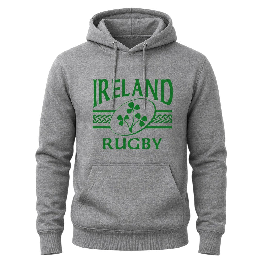 Ruggers Rugby Supply grey unisex fleece hoody with green Ireland Rugby logo and drawstring hood