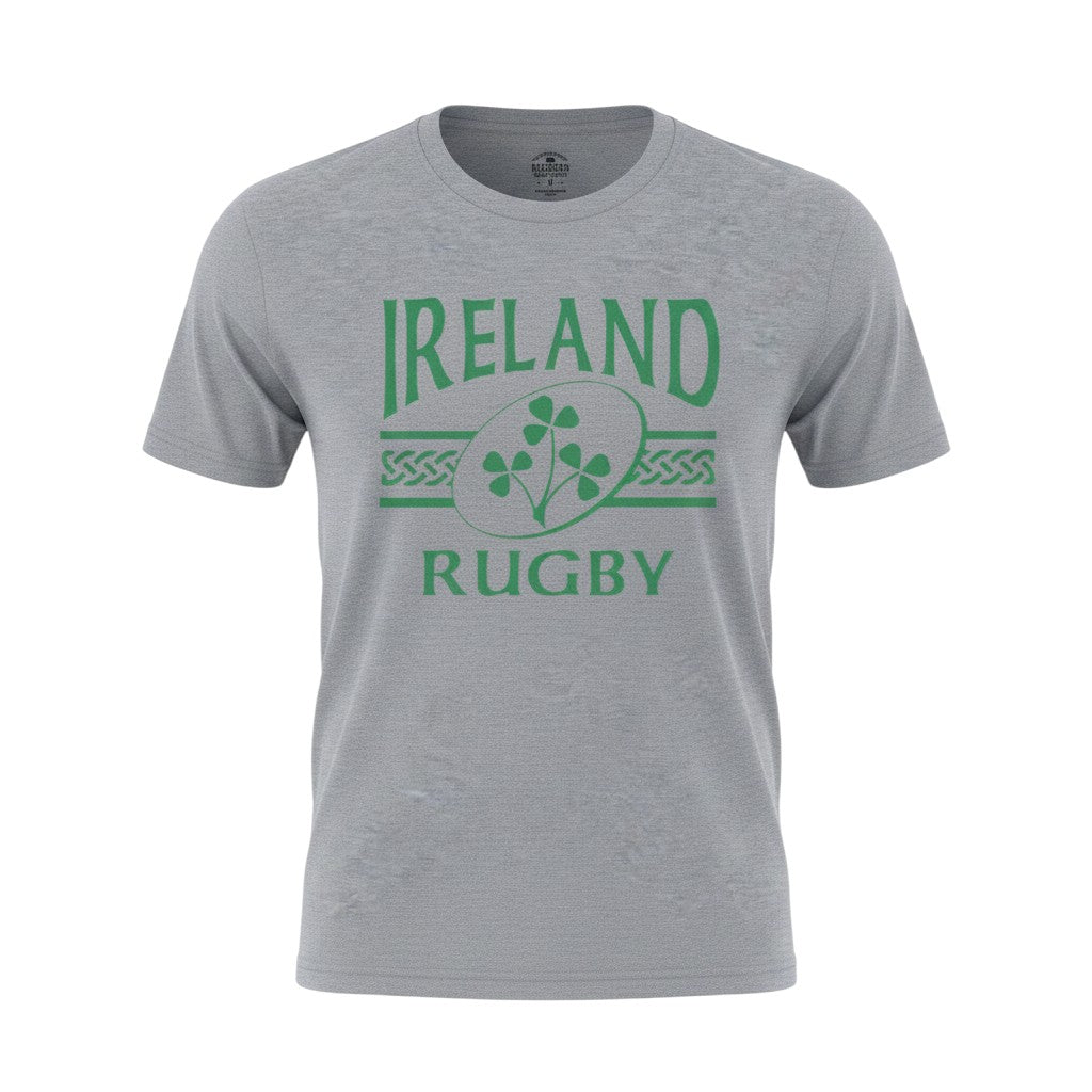 Ruggers Rugby Supply grey Ireland Rugby short sleeve tri-blend t-shirt with green shamrock logo graphic