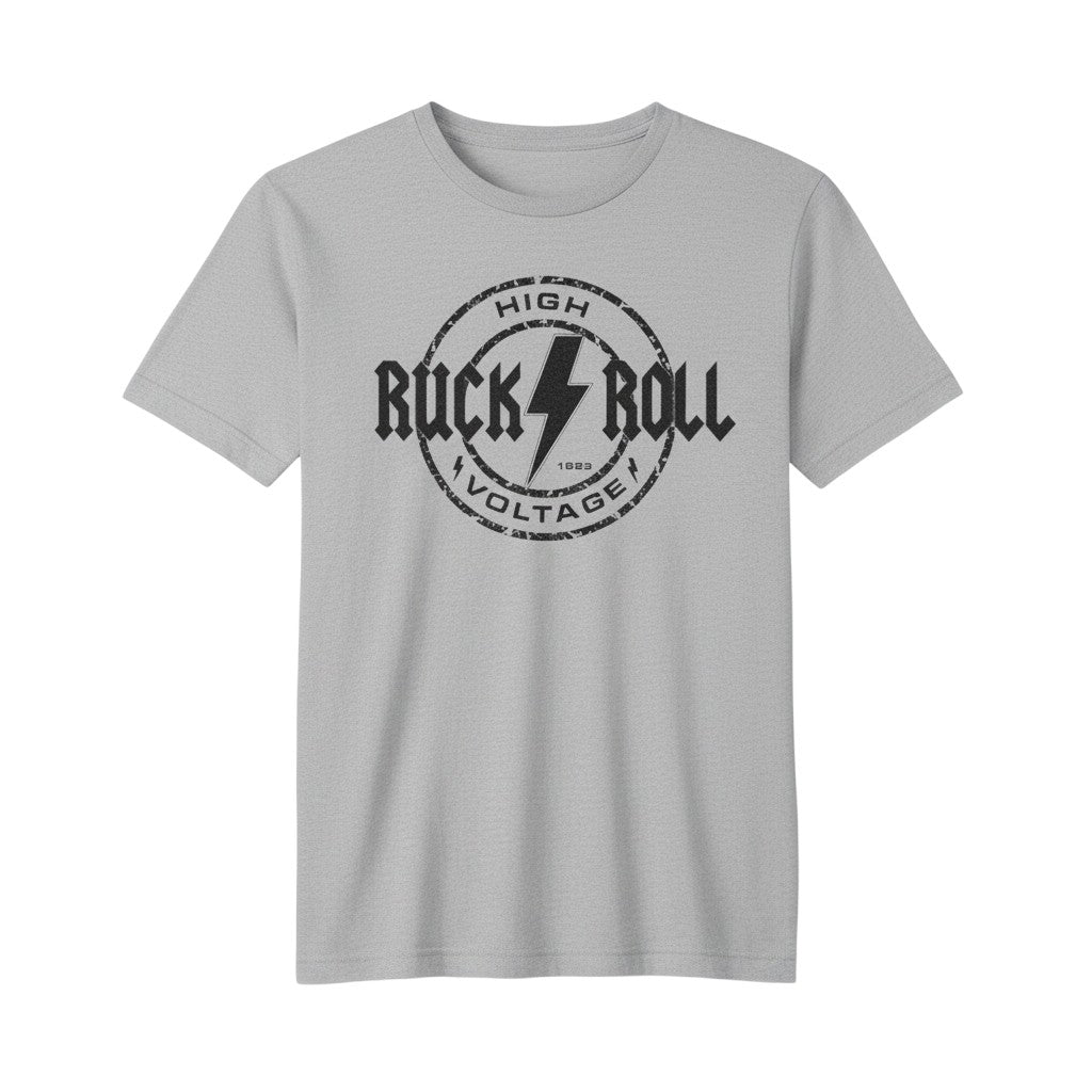 Ruggers Rugby Supply grey tri-blend t-shirt featuring a black Ruck and Roll High Voltage graphic design.