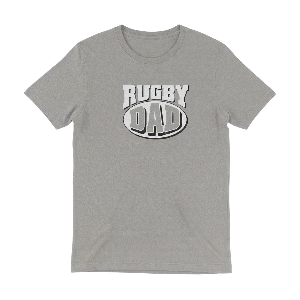 Ruggers Rugby Supply grey tri-blend t-shirt featuring a white and black Rugby Dad graphic logo on the chest.