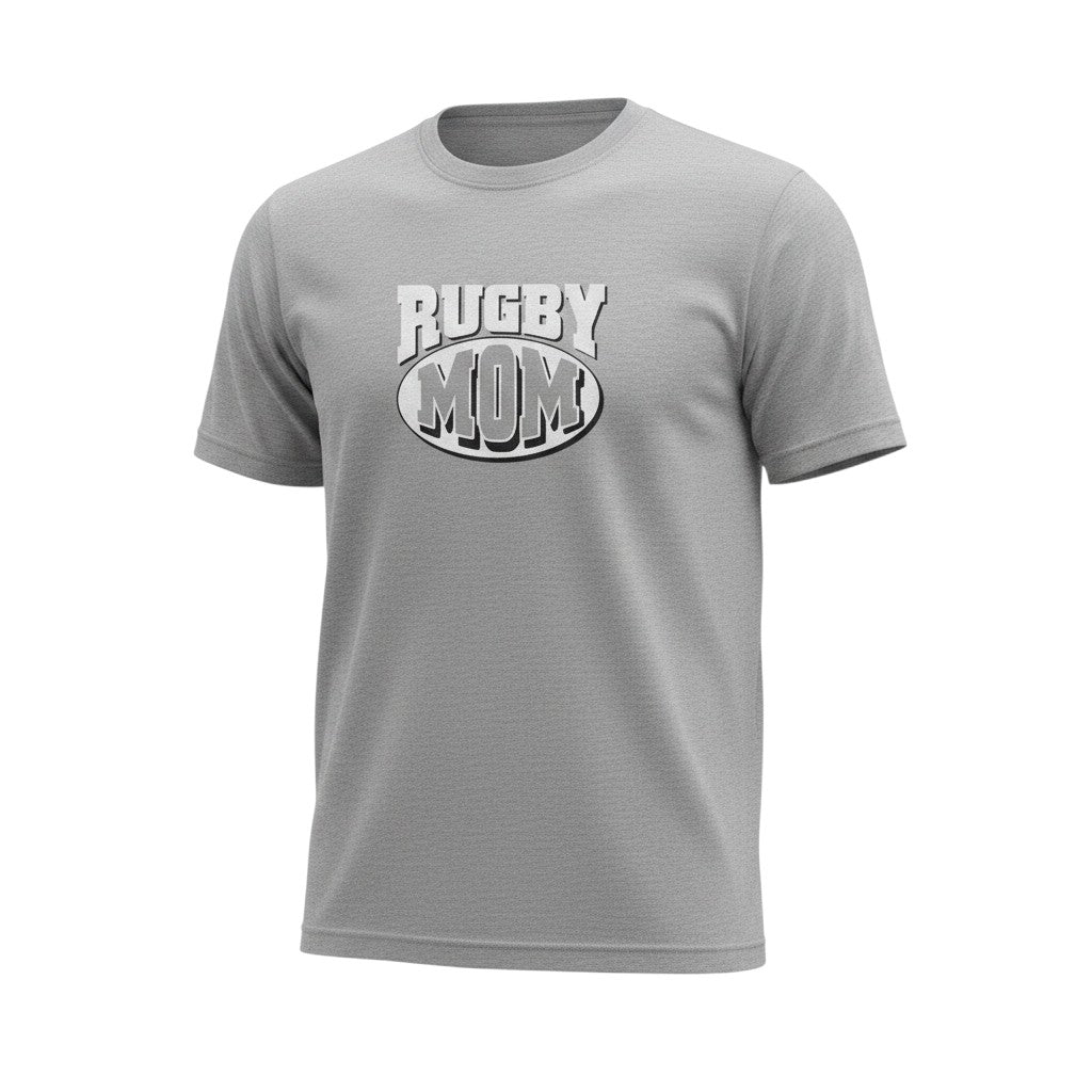 Ruggers Rugby Supply grey tri-blend t-shirt featuring a Rugby Mom graphic logo on the chest