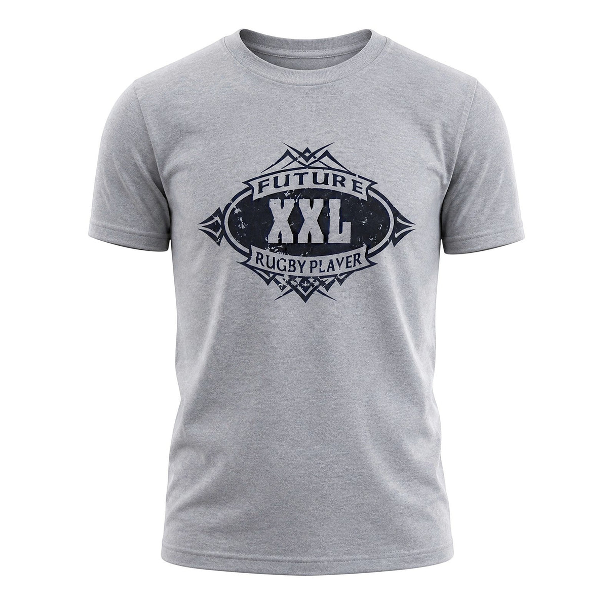 Ruggers Rugby Supply grey youth t-shirt with Future XXL Rugby Player graphic print in distressed navy blue ink.
