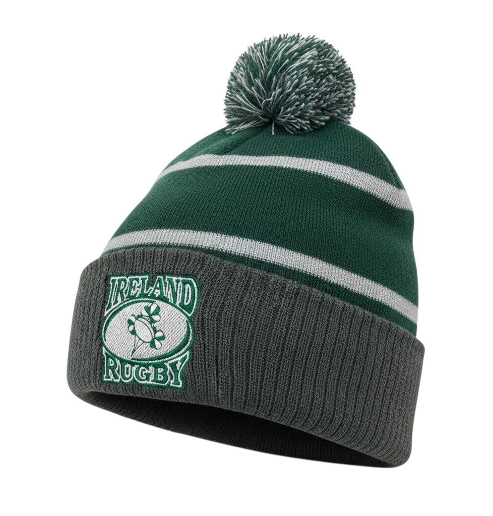 Ruggers Rugby Supply forest green and grey knit pom pom hat with white Ireland Rugby logo and foldover cuff.