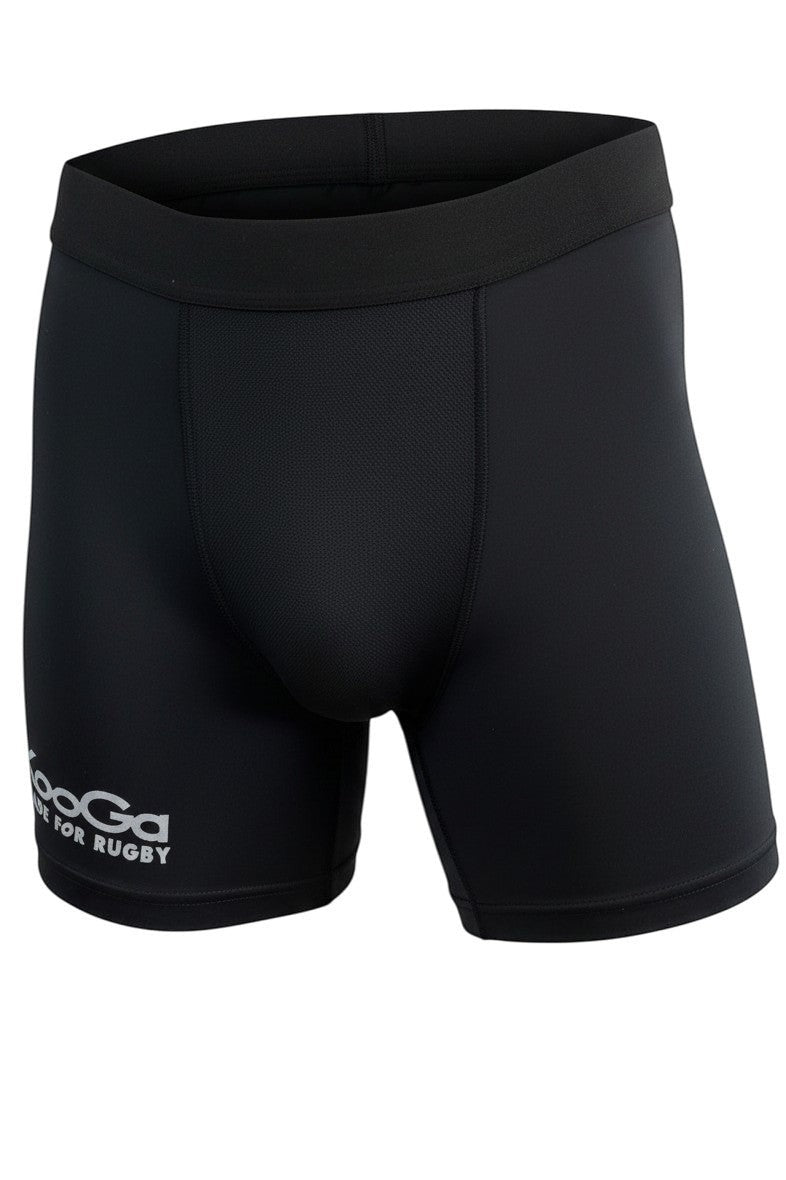 Ruggers Rugby Supply KooGa black compression shorts with moisture-wicking Evapstretch fabric and mesh ventilation.