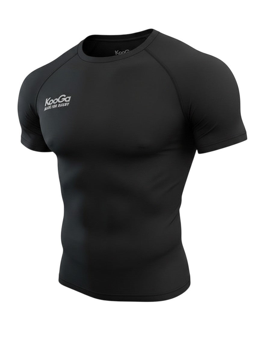 Ruggers Rugby Supply KooGa black short-sleeve compression top with moisture-wicking Evapostretch fabric.