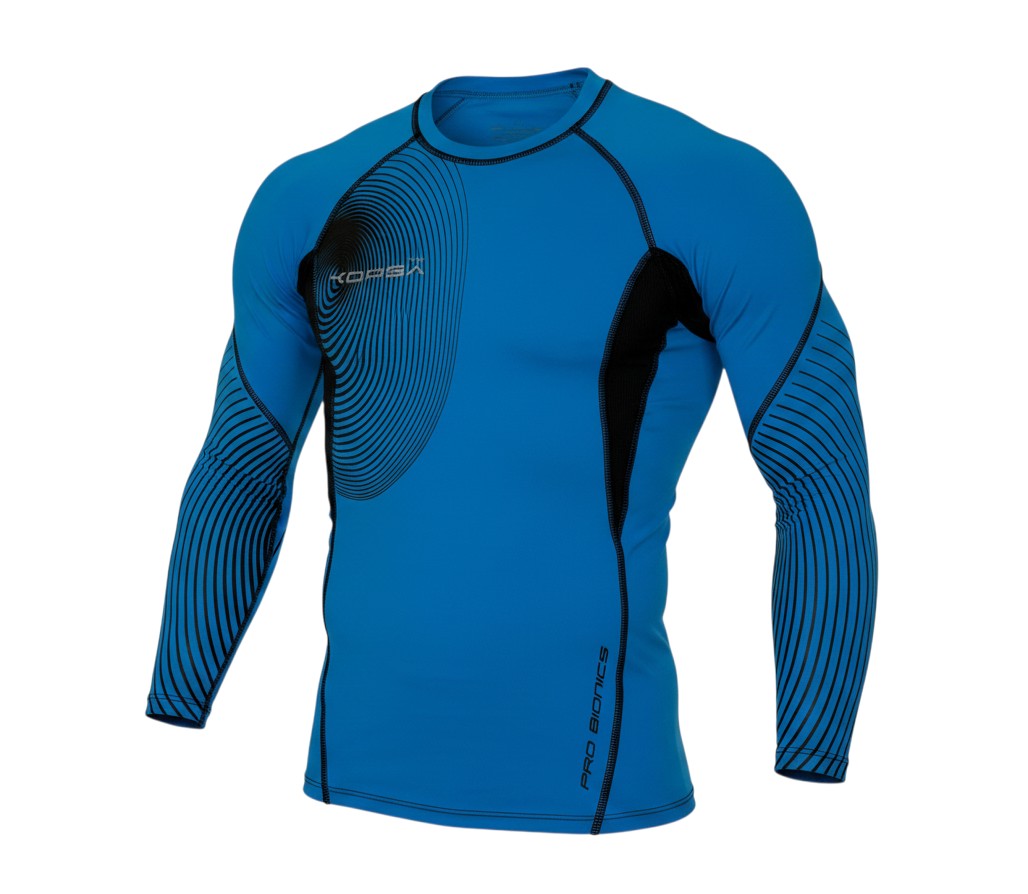 Ruggers Rugby Supply KooGa long sleeve compression shirt in blue with black graphic details and flatlock seams.