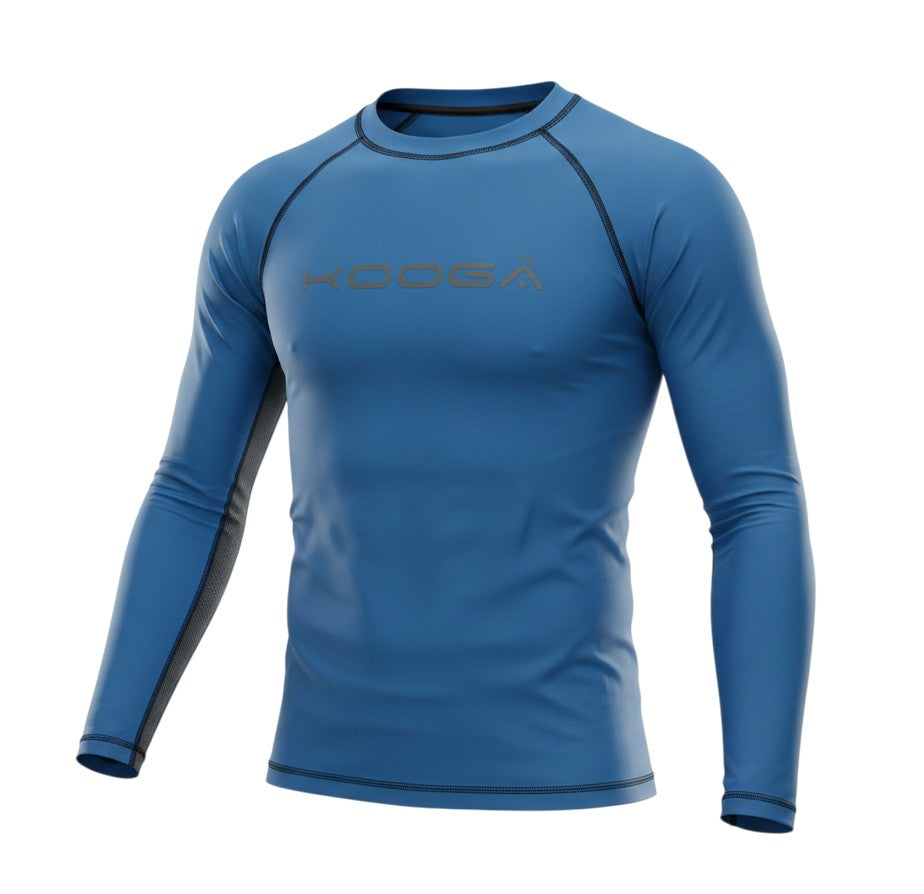 Ruggers Rugby Supply KooGa blue long sleeve thermal compression shirt with contrasting flatlock seams.