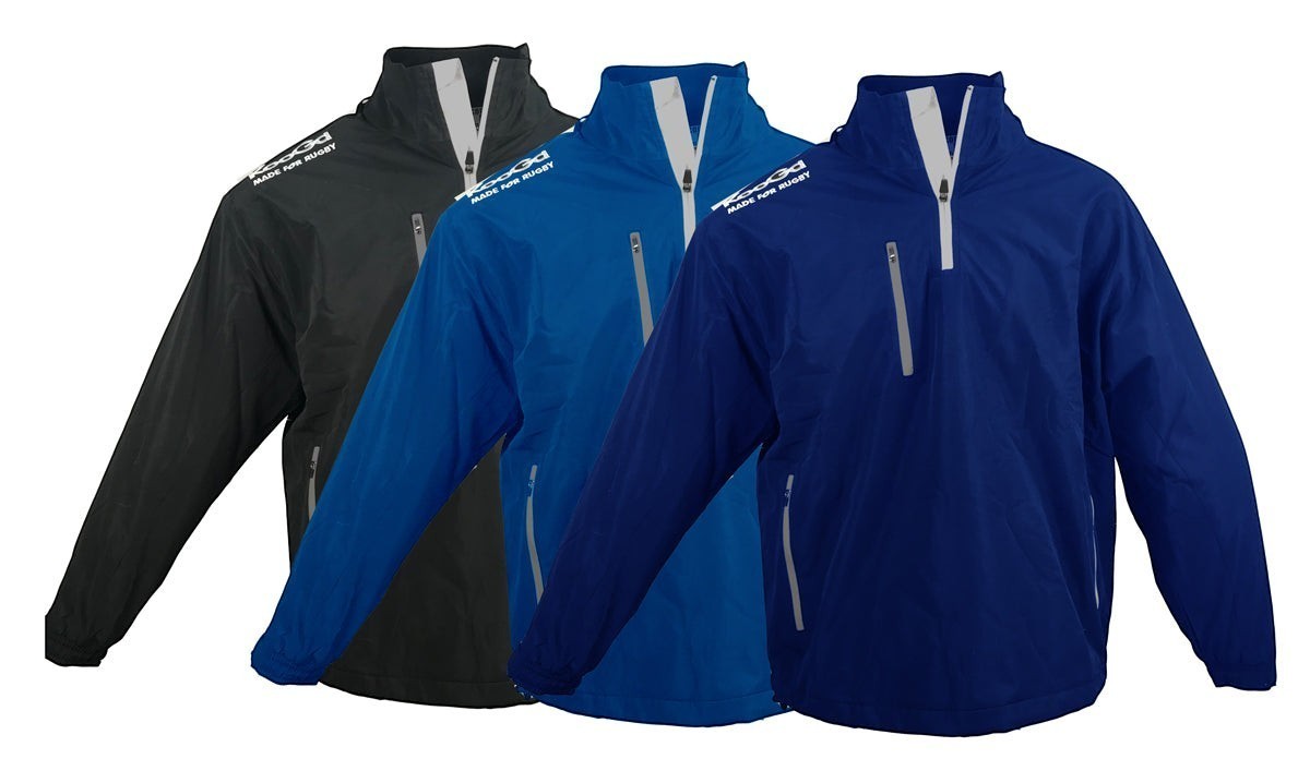 Ruggers Rugby Supply KooGa Canberra II quarterzip jackets in black, royal blue, and navy with reflective detailing.