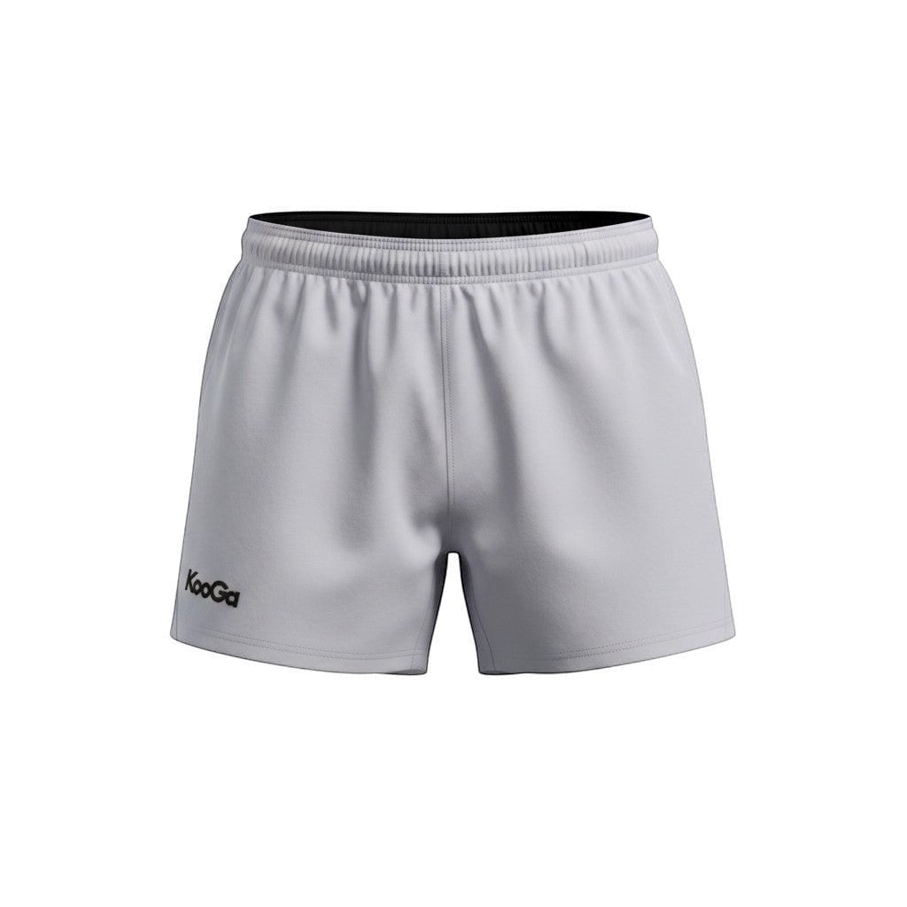Ruggers Rugby Supply Kooga Fiji II white rugby shorts with moisture-wicking fabric and elasticated waist.