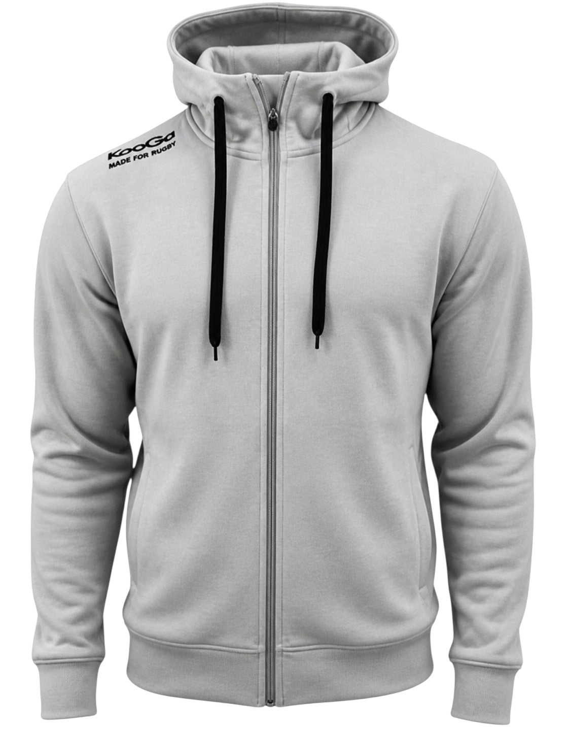 Ruggers Rugby Supply KooGa grey full zip performance hoodie with scuba neck, black drawstrings, and shoulder logo.