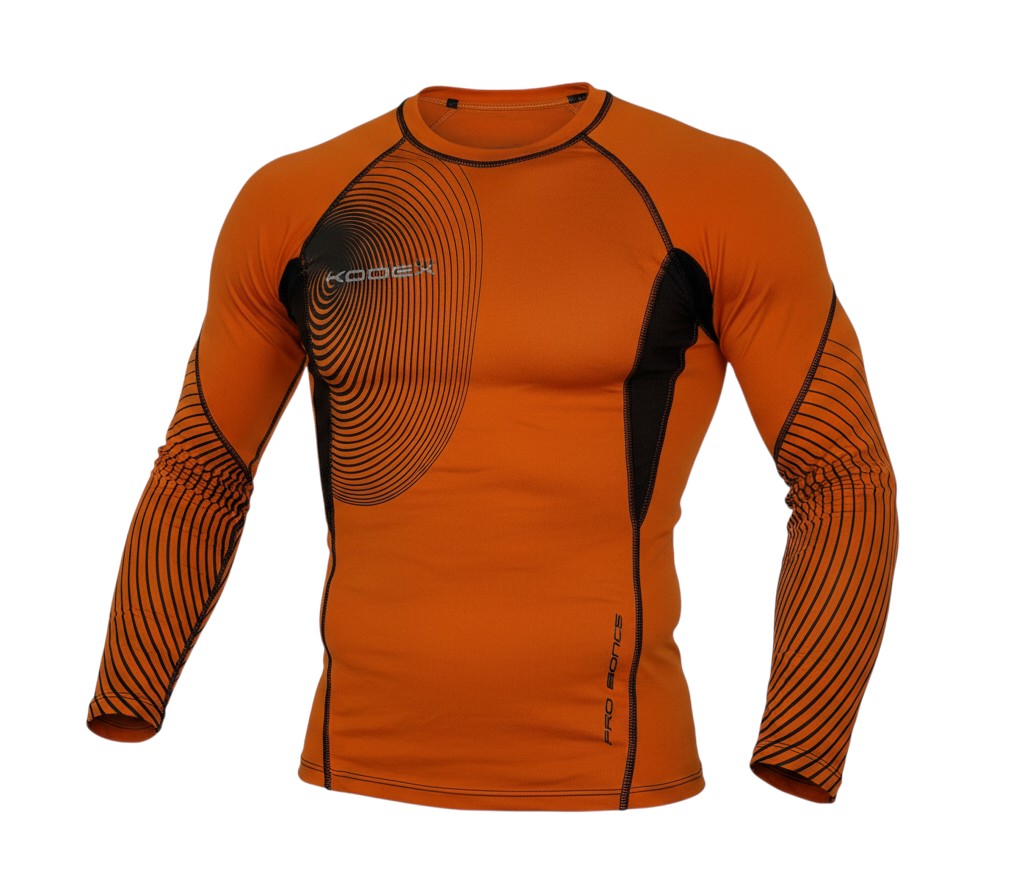 Ruggers Rugby Supply KooGa orange long sleeve compression shirt with black graphic details and flatlock seams.