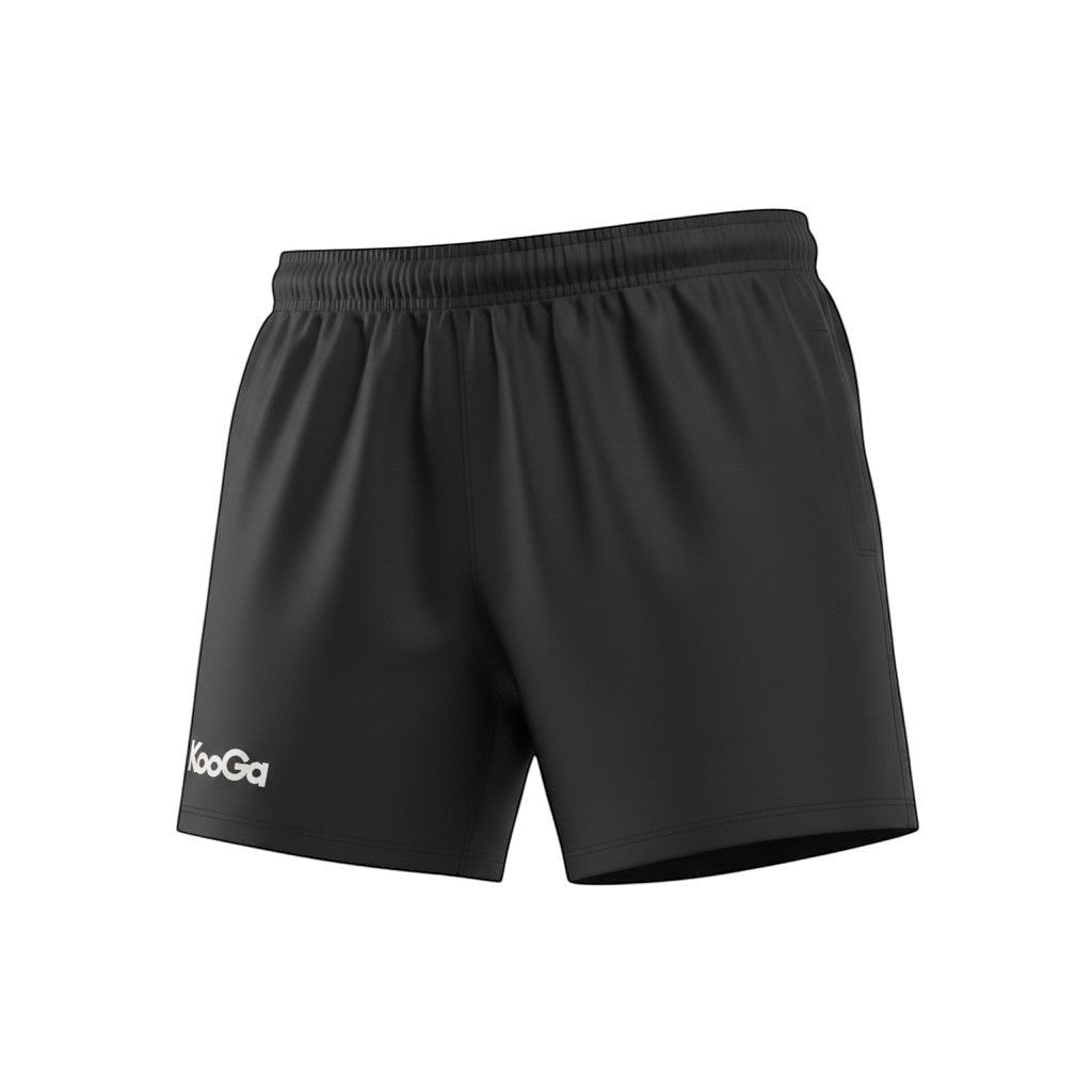 Ruggers Rugby Supply KooGa ProK black rugby shorts with moisture-wicking fabric and rubberized waistband.