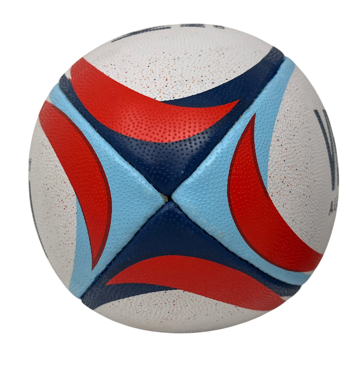 Ruggers Rugby Supply KooGa Velocity match ball featuring a white surface with red, navy, and light blue graphic panels.