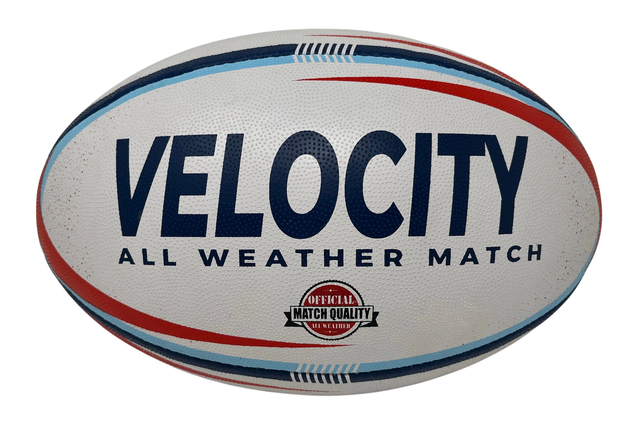 Ruggers Rugby Supply KooGa Velocity match rugby ball in white with blue and red graphic details