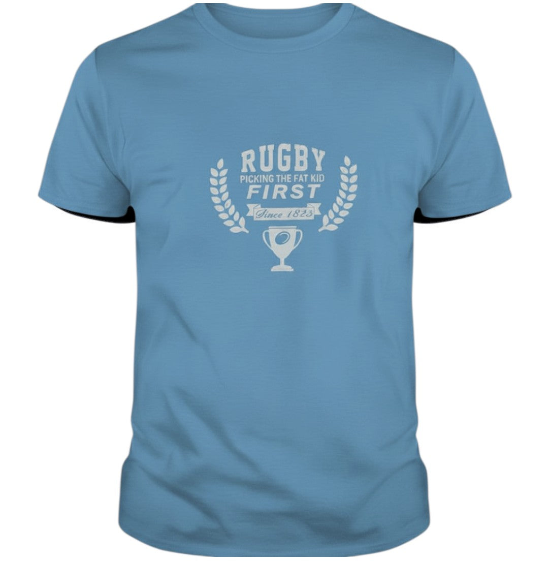 Ruggers Rugby Supply navy blue cotton t-shirt with a vintage white graphic print featuring a rugby trophy design.