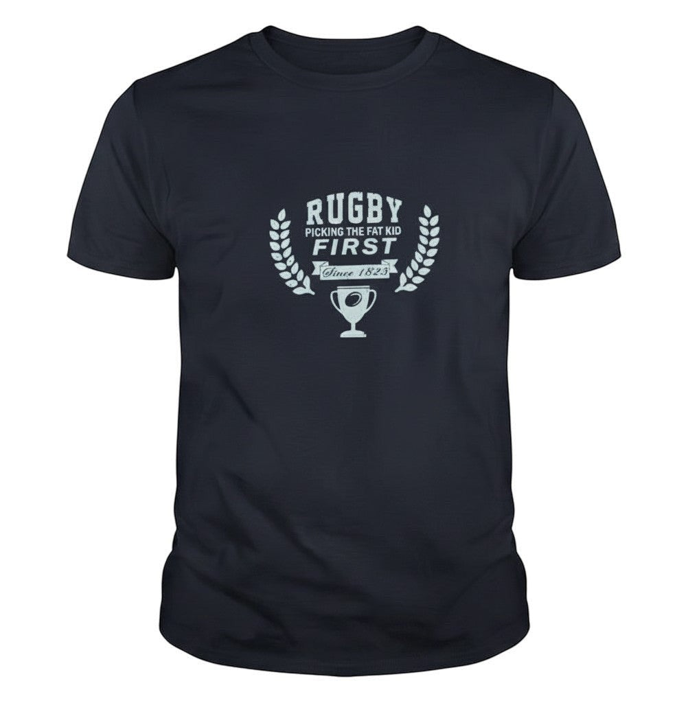 Ruggers Rugby Supply navy blue cotton t-shirt with vintage white graphic print featuring a rugby trophy and text.