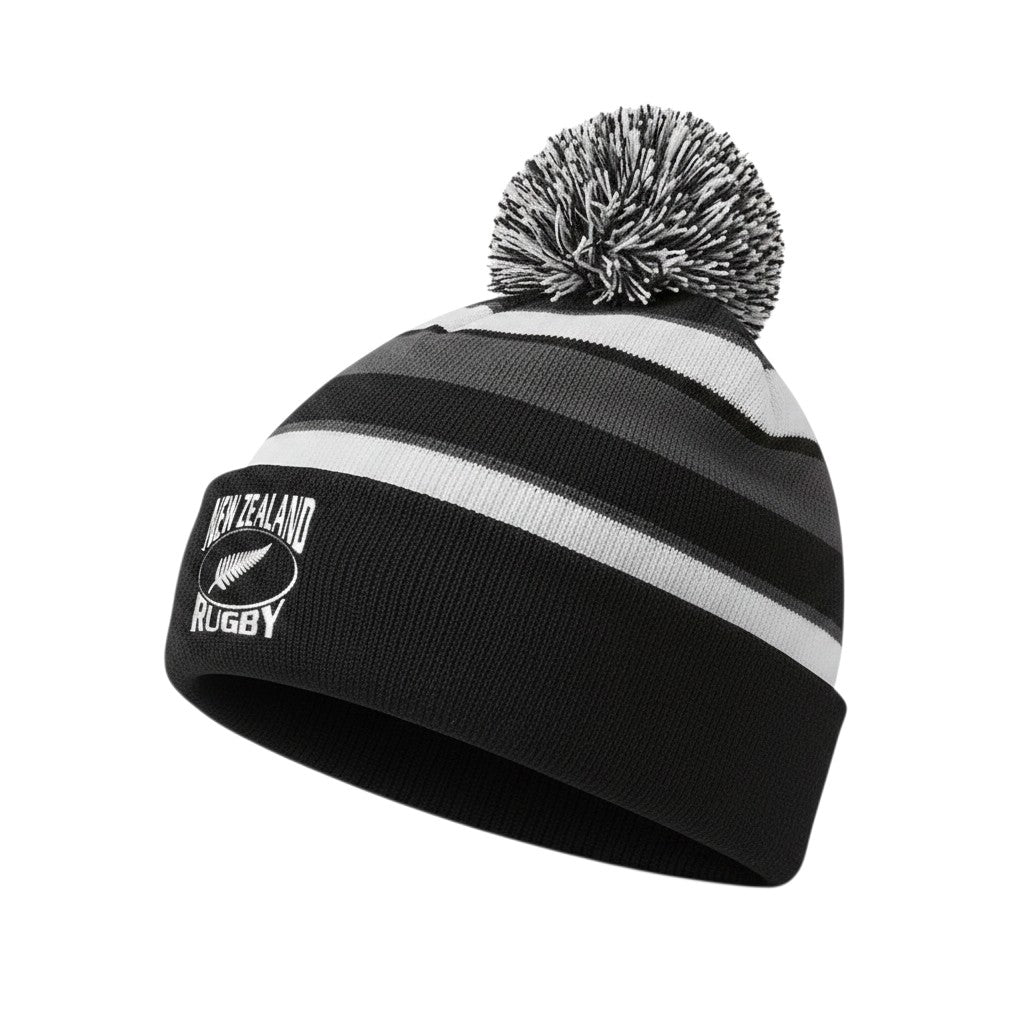 Ruggers Rugby Supply New Zealand Rugby pom pom hat in black, grey, and white acrylic knit with embroidered logo.
