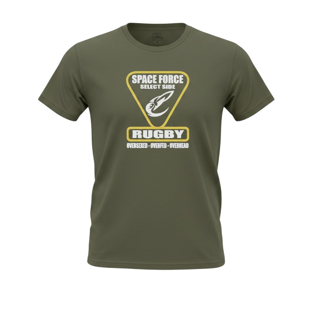 Ruggers Rugby Supply olive green unisex tri-blend t-shirt featuring a Space Force Select Side rugby graphic logo.
