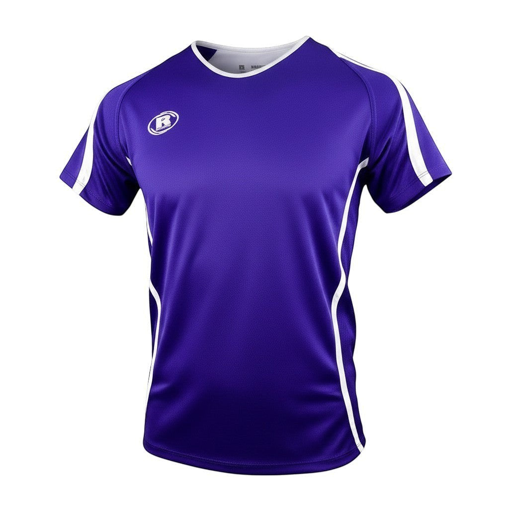 Ruggers Rugby Supply Warrior II purple performance rugby jersey with white mesh side panels and a crew neck collar.