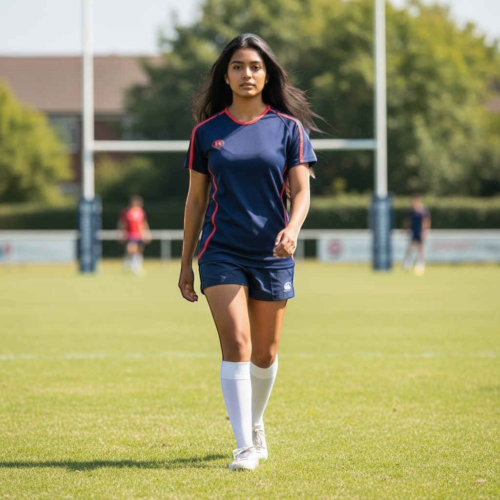 Ruggers Rugby Supply Warrior II navy blue performance jersey with red trim worn by a female athlete on a rugby pitch