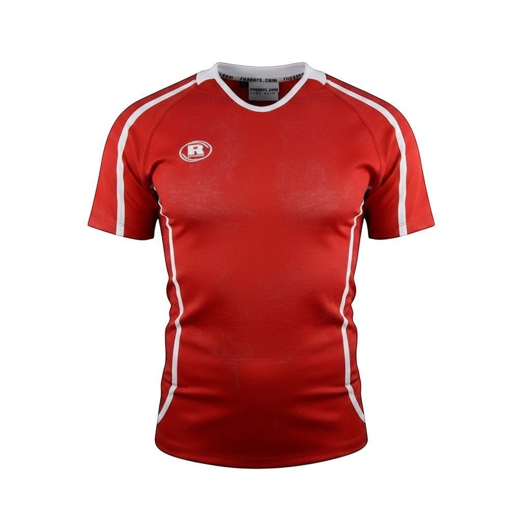 Ruggers Rugby Supply Warrior II red performance rugby jersey with white trim, mesh side panels, and v-neck collar.