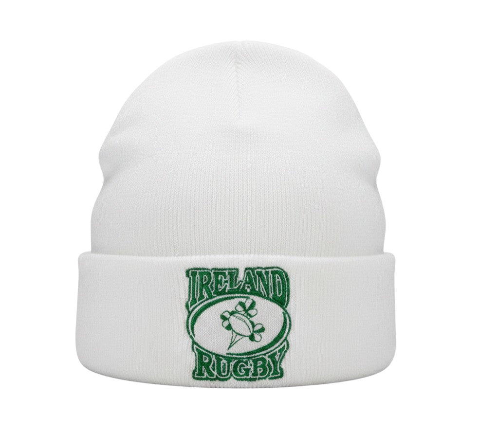 Ruggers Rugby Supply white cuffed beanie with green Ireland Rugby embroidery for gameday wear.