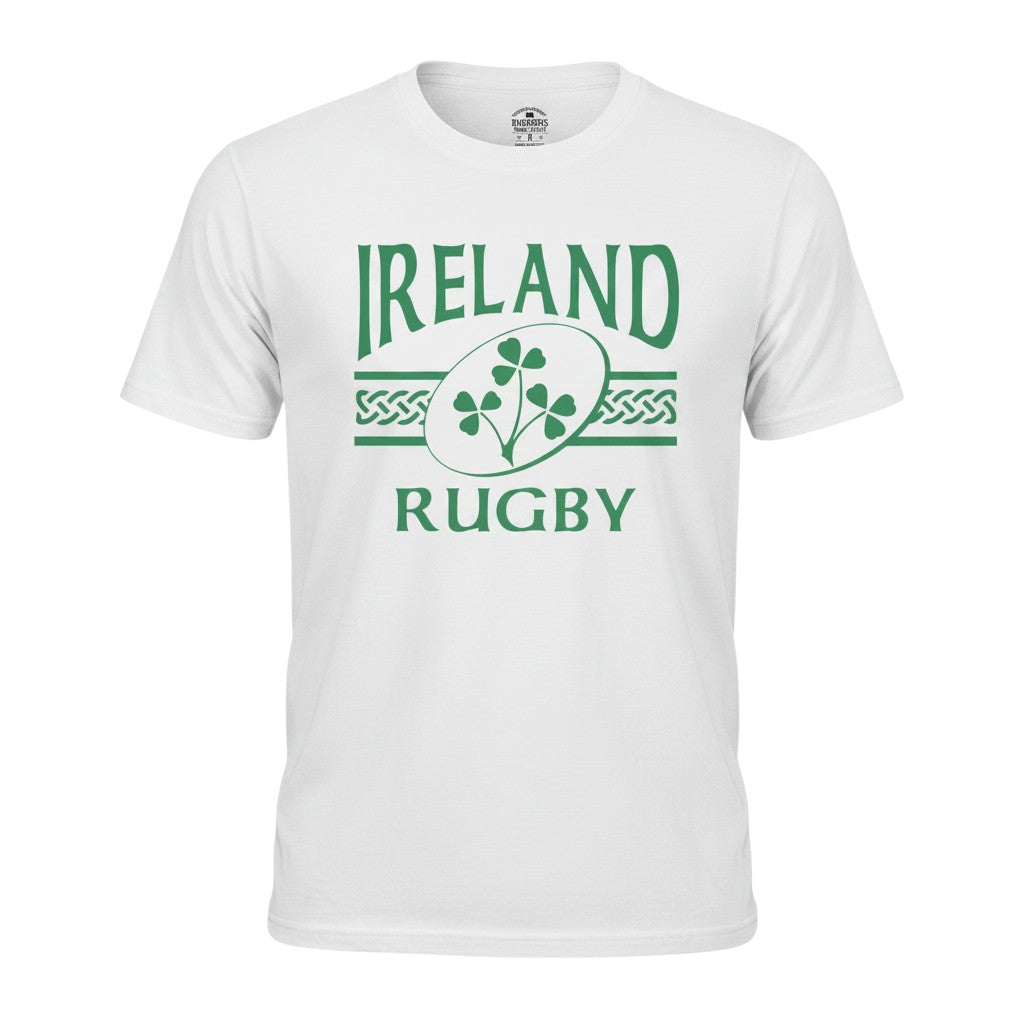 Ruggers Rugby Supply white short sleeve t-shirt with green Ireland Rugby logo and shamrock graphic