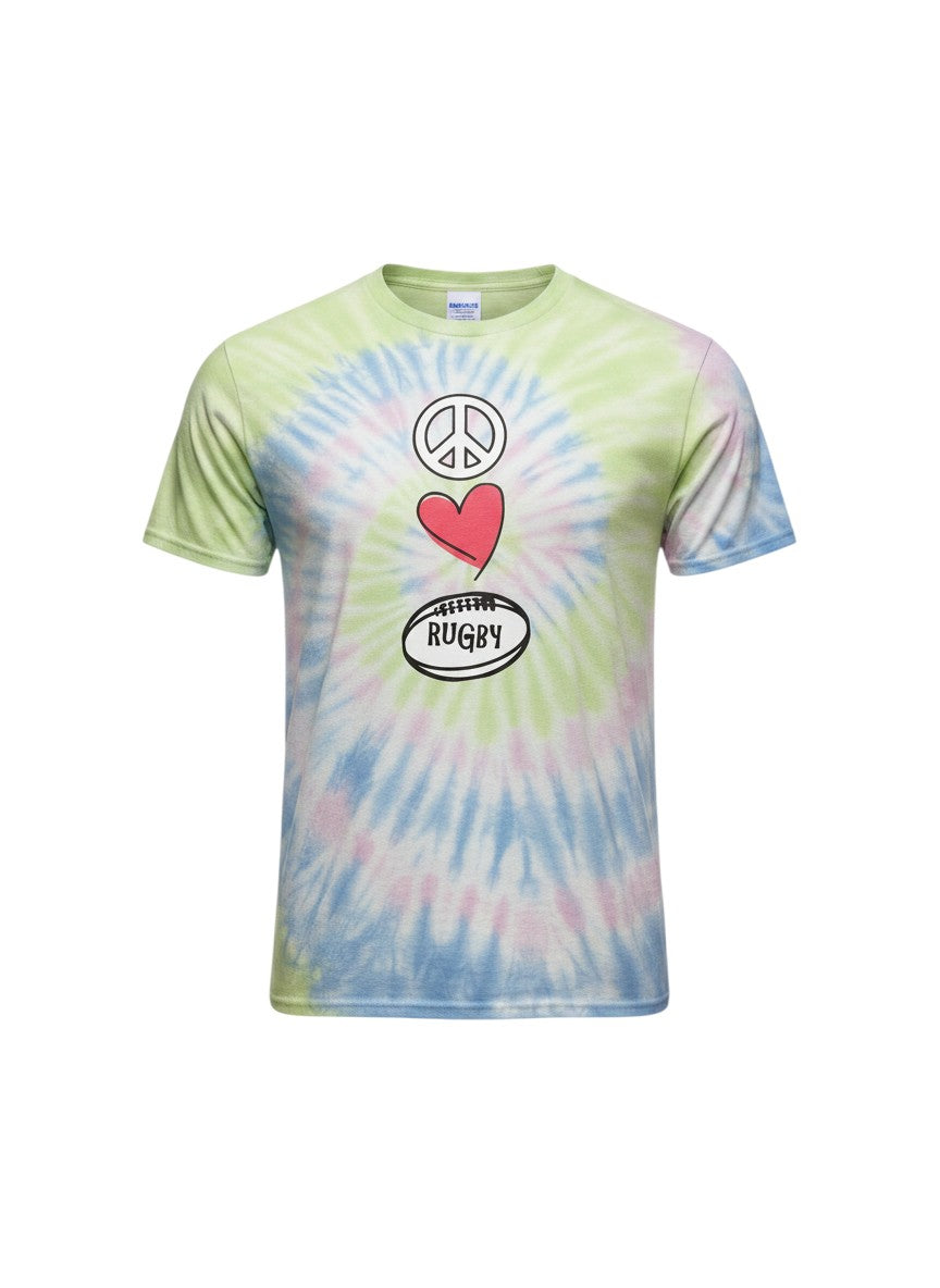Ruggers Rugby Supply tie-dye t-shirt featuring a peace sign, heart, and rugby ball graphic in pastel colors.