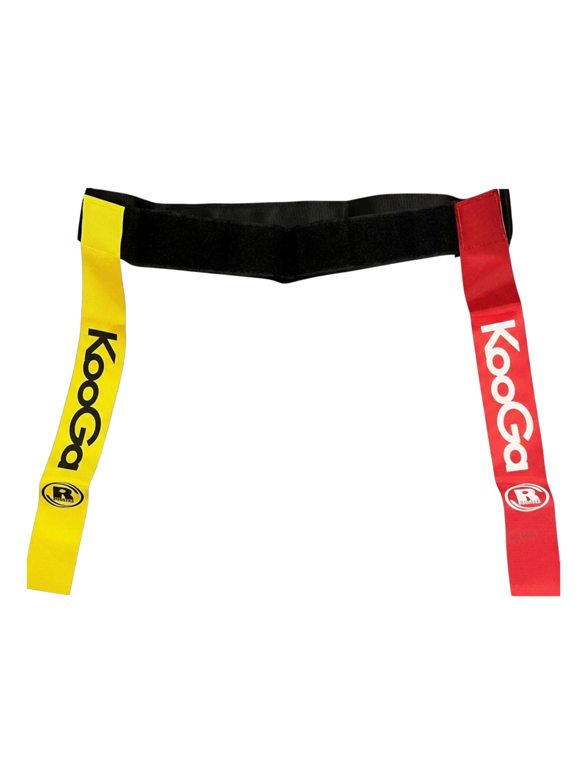 Ruggers Rugby Supply KooGa tag belt with one red and one gold flag for touch rugby training