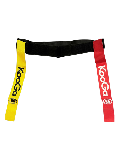 Ruggers Rugby Supply KooGa tag belt with one red and one gold flag for touch rugby training