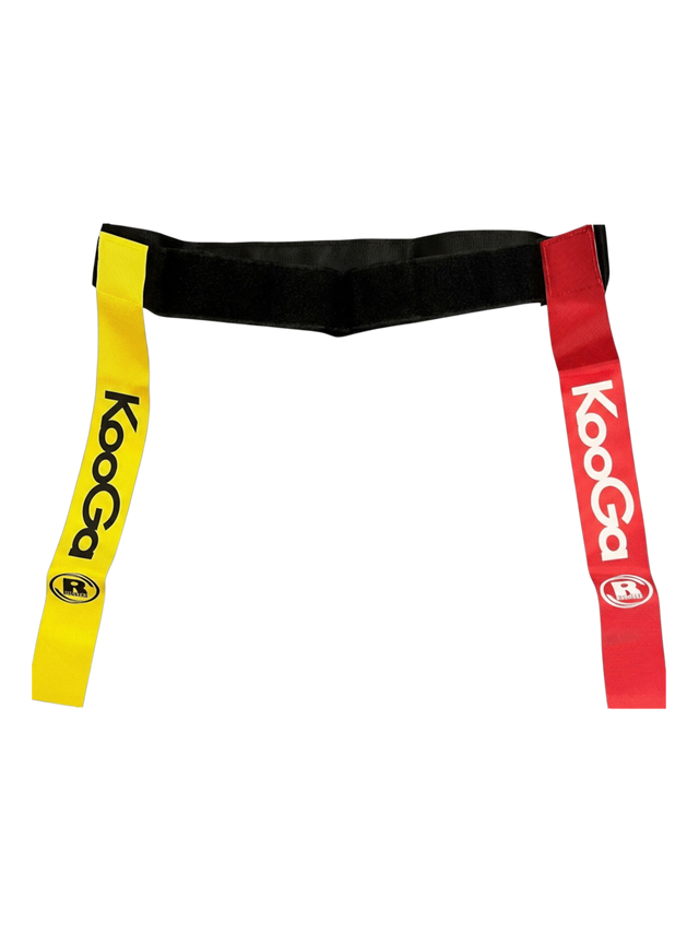 Ruggers Rugby Supply KooGa tag belt with one red and one gold flag for touch rugby training