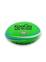 Ruggers Rugby Supply KooGa flo-green rugby training ball with high-visibility grip for all-weather practice sessions.