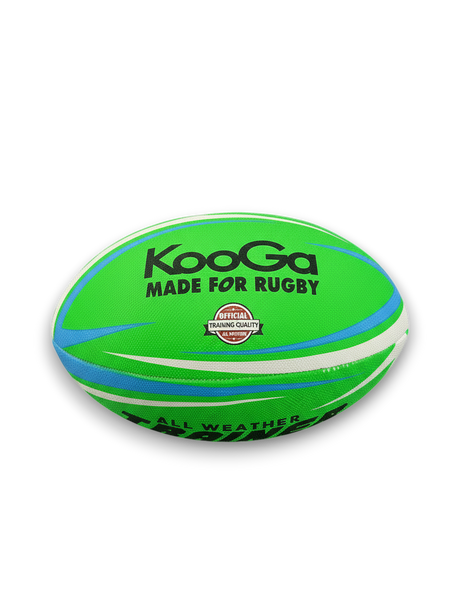Ruggers Rugby Supply KooGa flo-green rugby training ball with high-visibility grip for all-weather practice sessions.