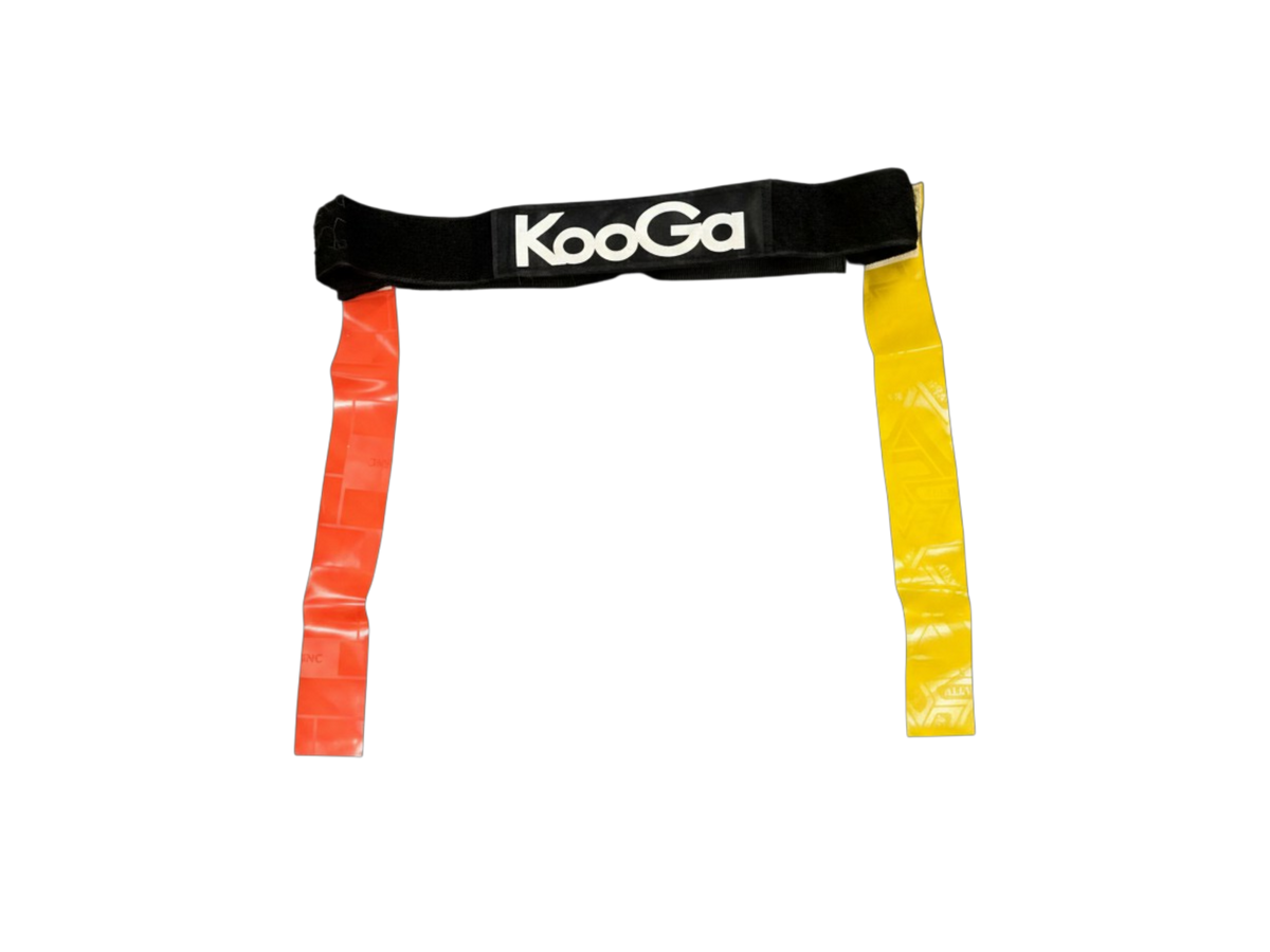 Ruggers Rugby Supply KooGa tag belt with one yellow and one red flag for touch rugby training on a grey carpet.