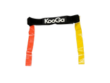Ruggers Rugby Supply KooGa tag belt with one yellow and one red flag for touch rugby training on a grey carpet.