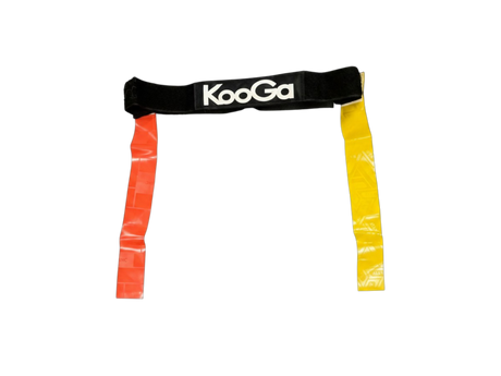 Ruggers Rugby Supply KooGa tag belt with one yellow and one red flag for touch rugby training on a grey carpet.