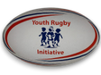 Ruggers Rugby Supply YRI youth rugby ball in white with red and blue stripes and Youth Rugby Initiative logo
